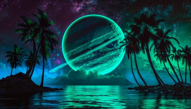 A mesmerizing and captivating cosmic scene showcasing a glowing planet amid serene, vibrant tropical vibes