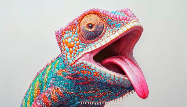 A vibrant chameleon displaying its bright colors and tongue. Perfect for nature and wildlife themes.