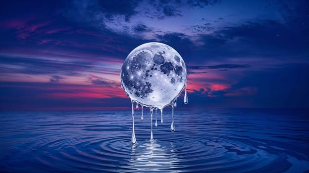 A radiant moon hangs over serene waters, creating an atmosphere of tranquility and dreamlike wonder