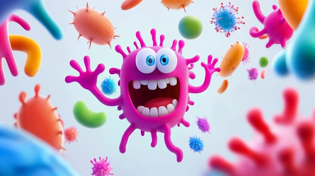 Vibrant cartoon microbes and bacteria in a whimsical style, perfect for educational or illustrative use.