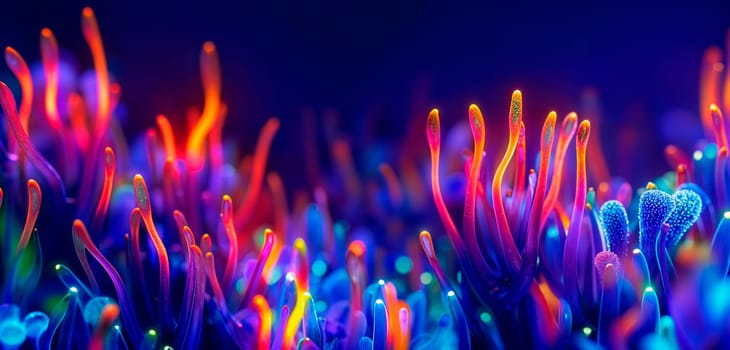 A mesmerizing and colorful underwater scene featuring glowing corallike structures and diverse marine life