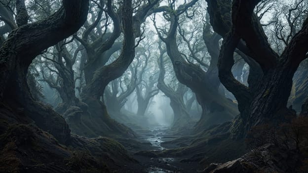 A beautiful, mysterious forest with twisted trees and swirling mist evokes a profound sense of mystery