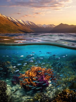 Colorful coral formations stand out against the clear blue waters, while schools of fish swim gracefully.