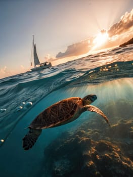 A sea turtle glides gracefully through clear turquoise water close to the ocean surface. A sailboat navigates the horizon bathed in the warm glow of a sunset, creating a serene atmosphere.
