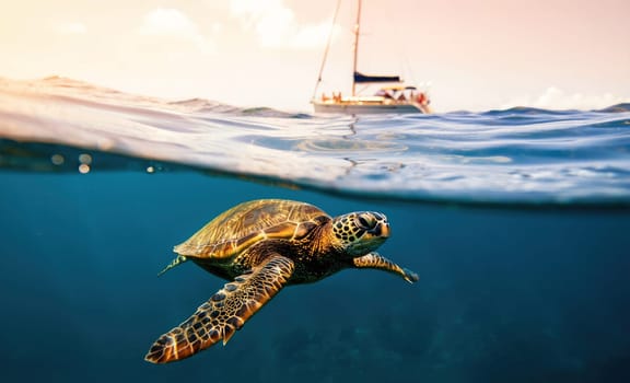 A serene sea turtle swims effortlessly in crystal clear water while a sailboat drifts above in a vibrant tropical location. The sun casts a warm glow on the scene, enhancing its beauty.