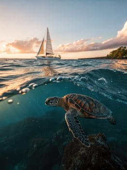 A green turtle gracefully moves through crystal clear waters while a sailboat glides in the background under a vibrant sunset. The tranquil scene captures natures beauty in a coastal environment.