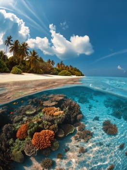 Clear turquoise waters reveal a vibrant coral reef teeming with marine life, set against a backdrop of lush tropical greenery and a sandy beach under a bright sky.