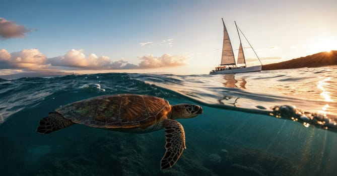 A sea turtle glides through the clear blue water while a sailing boat passes in the background during a beautiful sunset. The landscape features vibrant colors and calm waves.