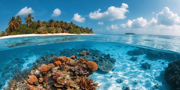 Vibrant coral reef teems with marine life under crystal clear waters, while a tropical island with lush palm trees sits in the background. Bright sunlight enhances the serene underwater scene.