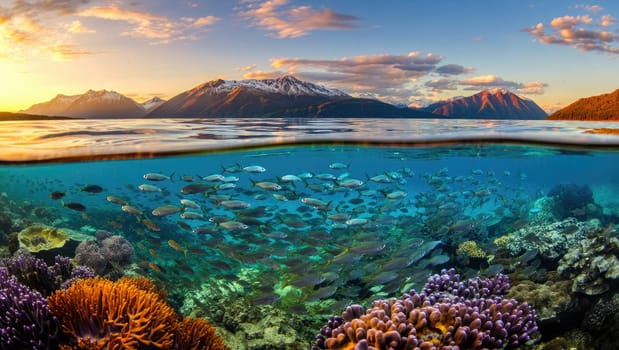 A colorful underwater view features various fish swimming among vibrant coral reefs, with a breathtaking sunset illuminating distant snow capped mountains in the backdrop.