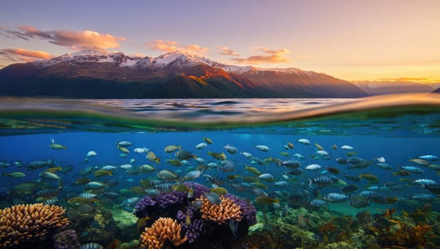 Under a stunning sunset, schools of colorful fish glide through clear waters, weaving through vibrant coral reefs near snow capped mountains, creating a serene underwater landscape.