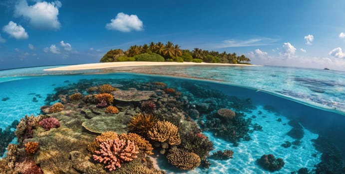 Vibrant coral reefs thrive below the surface, showcasing diverse marine life while a lush tropical island beckons in the distance under a bright blue sky and fluffy clouds.