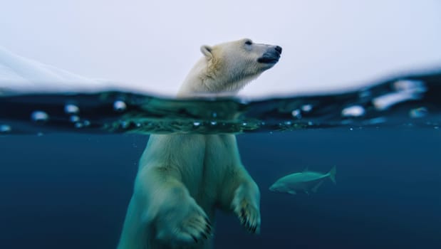A polar bear is swimming gracefully beneath the water surface, with its paws stretched out. Nearby, a fish swims, showcasing life in the Arctic waters during daytime hours.
