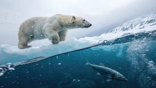 A polar bear walks along an ice edge above water while watching for fish below. The chilly Arctic environment is calm, with cloudy skies and hints of twilight light illuminating the scene.