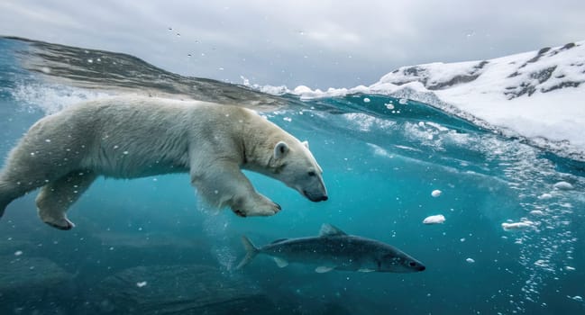 A polar bear dives underwater in the Arctic, pursuing a fish amidst the clear blue water. The surrounding icy landscape highlights the beauty of this cold environment during winter.