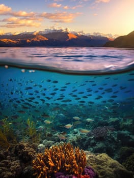 Coral formations thrive under the tranquil water surface as schools of fish swim amidst the vibrant colors.