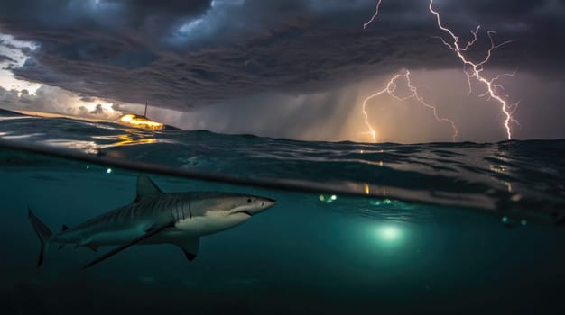 A shark glides through the waters surface as dark storm clouds gather overhead. Lightning bolts illuminate the sky, creating a dramatic and intense atmosphere during twilight.