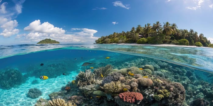 Vibrant coral reef teeming with colorful fish sits beneath crystal clear water.