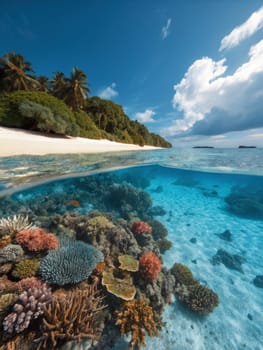 Colorful corals thrive underwater while lush greenery lines a sandy beach under a bright blue sky. Gentle waves lap at the shore, creating a peaceful tropical atmosphere.