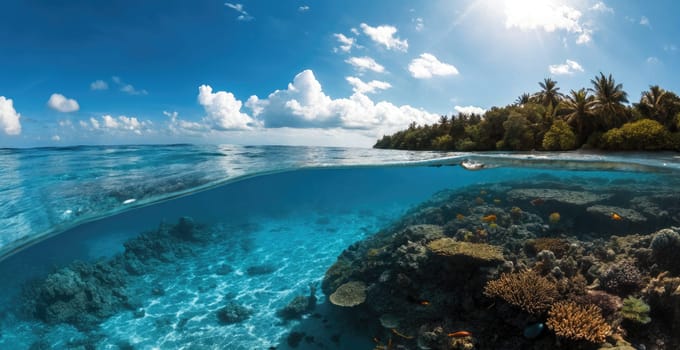 Beneath clear blue water, colorful coral formations thrive alongside diverse marine life. The sun shines brightly above a lush shoreline, creating a serene tropical atmosphere at midday.