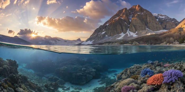 Colorful coral reefs thrive beneath crystal clear waters as fish gracefully swim around. A majestic mountain range rises in the background, illuminated by a breathtaking sunset.