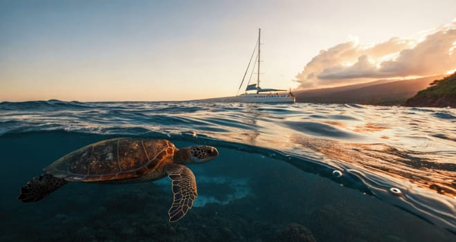 A green turtle glides gracefully through the clear water while a sailboat anchors nearby. The vibrant sunset casts warm colors over the tranquil scene, highlighting the beauty of nature.
