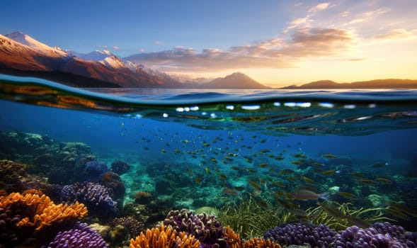 Colorful coral reefs flourish beneath the surface, while schools of fish swim gracefully among the vibrant marine life. The sun sets, casting a warm glow above the mountains in the distance.