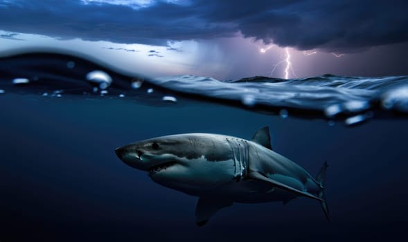 A large shark glides through deep blue waters while dark clouds gather above, illuminated by flashes of lightning. The scene captures the fierce beauty of ocean life amidst a stormy atmosphere.