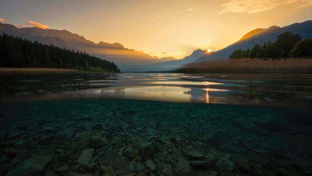 Tranquil lake at sunset displaying vibrant colors in the sky. Mountains frame the landscape, while the water reflects the warm hues. Plant life lines the shore, creating a serene atmosphere.