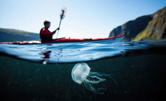 A kayaker paddles calmly in clear water, observing a jellyfish floating beneath the surface. The sun shines brightly, illuminating the vibrant marine life amid rugged cliffs in the background.