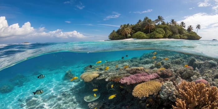 Colorful fish swim among coral formations in warm waters near a lush tropical island. Palm trees sway gently under a bright sky, creating a picturesque underwater scene.