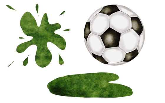 Football watercolor set. Soccer ball and grass and green blot on a white background. Ideal for children's and sports equipment, packaging
