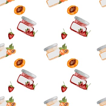 Jam jar seamless pattern watercolor. Hand drawn canned sweets on white background. Clip art food. Ideal for packaging goods with jam. Organic food. High quality illustration
