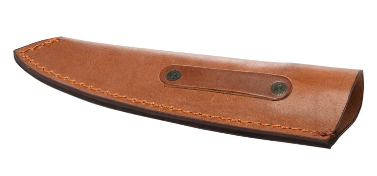 Brown leather sheath for knife on isolated background, close up