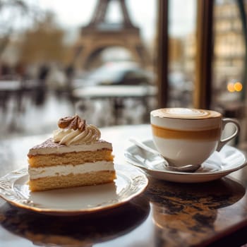 Sitting at a cozy table in a Parisian café, a slice of cake topped with cream and a cup of coffee await, with the Eiffel Tower gracing the view outside the window.