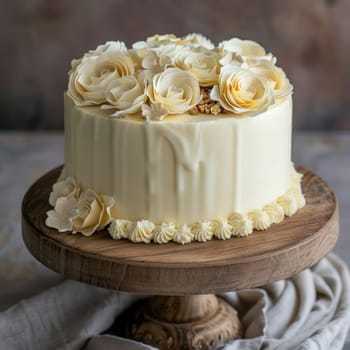 A chocolate cake is artfully decorated with beige and gold rose embellishments. It sits on a rustic wooden cake stand, showcasing its elegant design. The soft lighting enhances its delicate features.