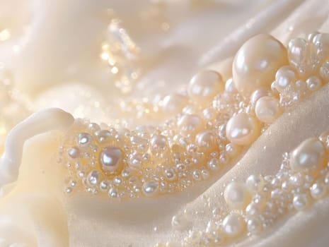 A beautiful collection of pearls in various sizes and shapes rests gently on soft fabric, reflecting light and revealing stunning details. Each pearl showcases its unique brilliance and texture.