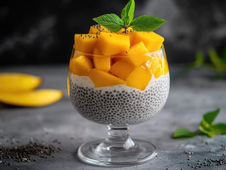 A glass bowl holds creamy chia seed pudding layered with vibrant yellow mango pieces and garnished with fresh mint leaves, placed on a dark background.