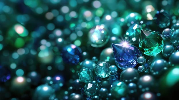 A close-up view reveals natural colored pearls interspersed with a variety of colorful gemstones, highlighting their unique textures and reflections. The vivid hues create an enchanting atmosphere.