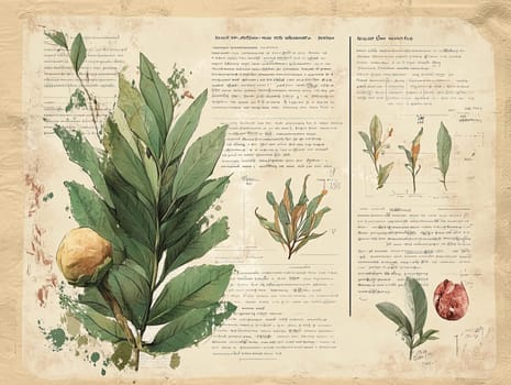 The artwork features a vintage-style botanical infographic showcasing detailed illustrations of plants. Notes and descriptions highlight their characteristics and origins.