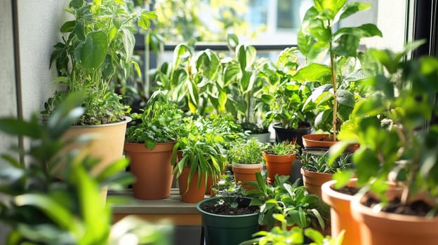 Balcony is adorned with various potted plants thriving in bright sunlight. Greenery creates a vibrant atmosphere, showcasing a range of herbs and leafy plants.