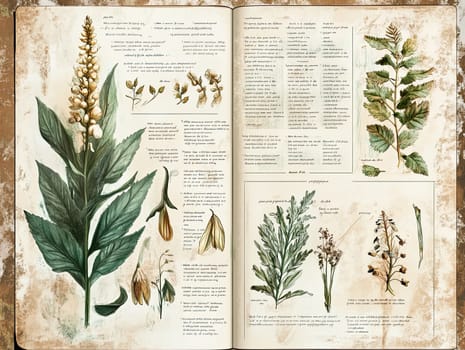 Detailed botanical sketches present various plant species, showcasing their features and providing descriptions in a vintage style. Each illustration highlights unique flora and their characteristics.