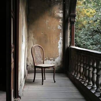 A solitary chair stands on a wooden balcony, surrounded by peeling walls and a view of vibrant foliage. The atmosphere reflects a blend of neglect and nature's beauty.