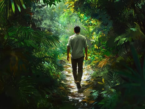 A person walks through a dense jungle, surrounded by vibrant greenery on all sides, sunlight filtering through the leaves, creating a serene atmosphere.
