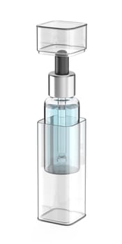 Glass dropper bottle with a pipette in a transparent plastic box