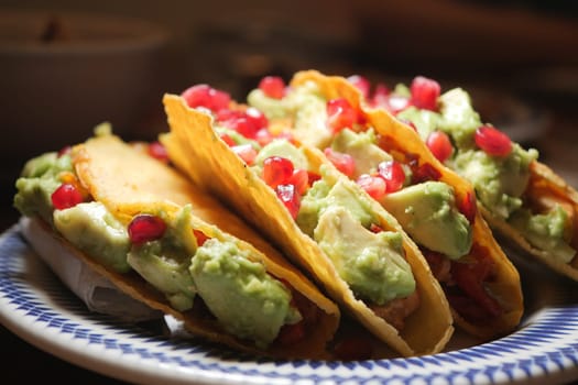 Delicious tacos filled with guacamole and garnished with pomegranate.