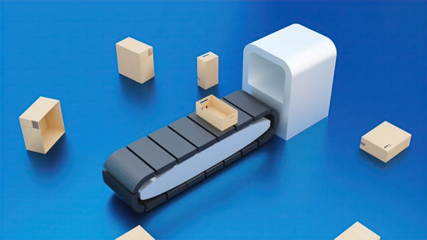Boxes on the conveyor belt. Computer generated 3d render