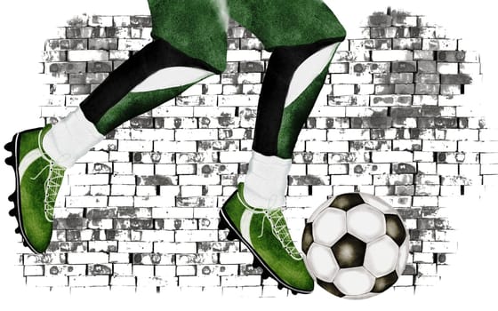 Soccer ball and footballer's legs watercolor illustration. Hand drawn sports equipment on white background. Clip art football. Ideal for posters and game tickets. High quality illustration