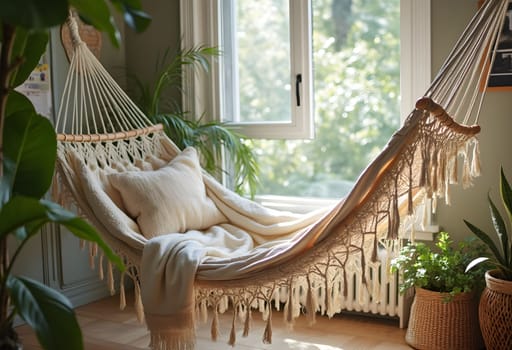 A cozy indoor hammock corner featuring a woven hammock near an open window, surrounded by soft textiles, warm lighting, and lush green plants.