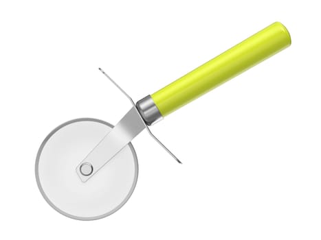 Pizza cutter with green handle on white background